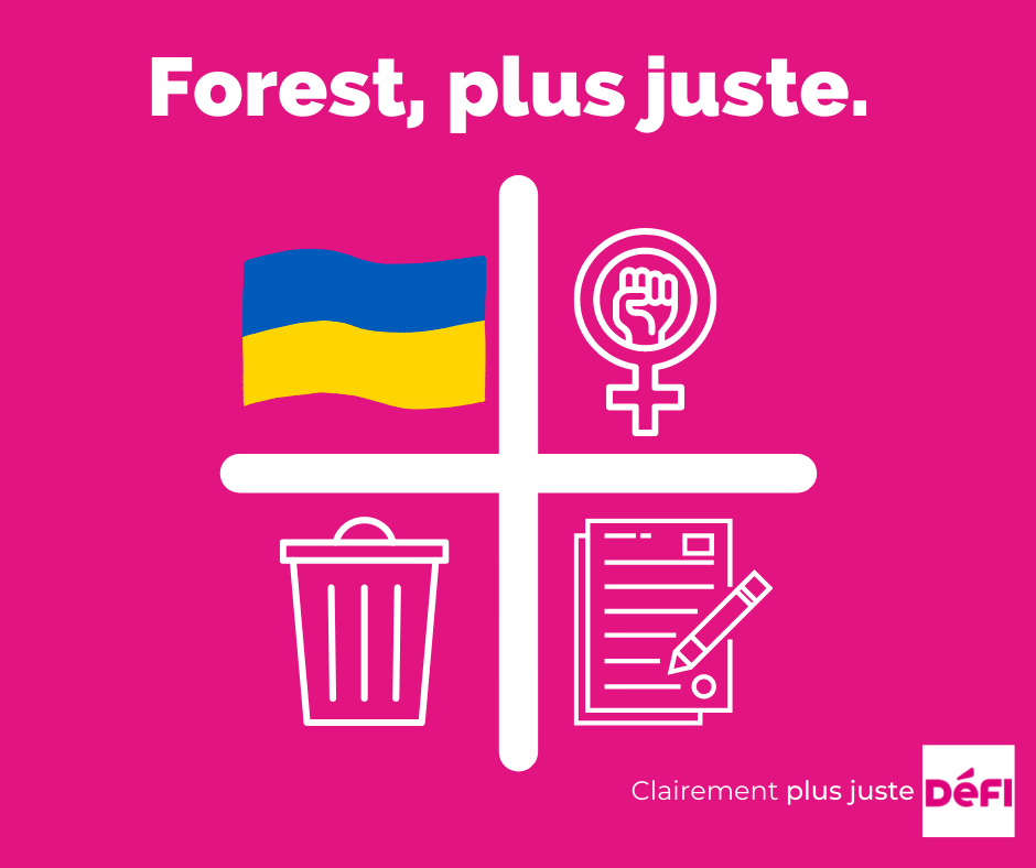 Visuel reprenant 4 pictogrammes : le drapeau ukrainien, le symbole féminin avec un poing, une poubelle et un document