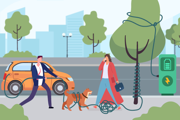 illustration d'un câble de recharge qui entoure un chien sur un trottoir
