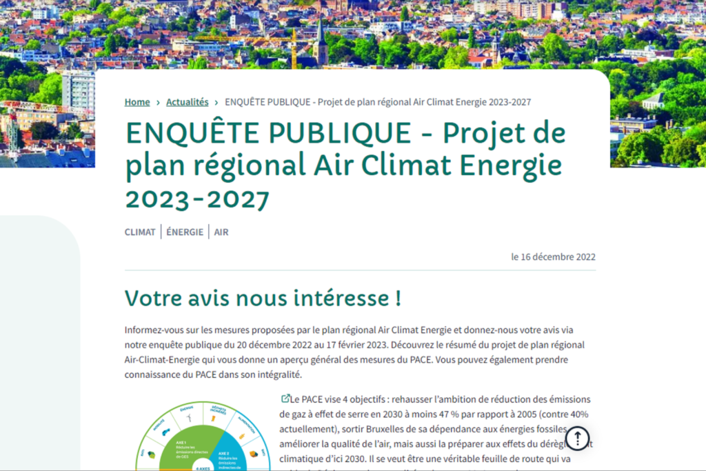 Capture d'écran de la page de l'enquête publique du Plan Air Climat Energie sur le site de Bruxelles Environnement