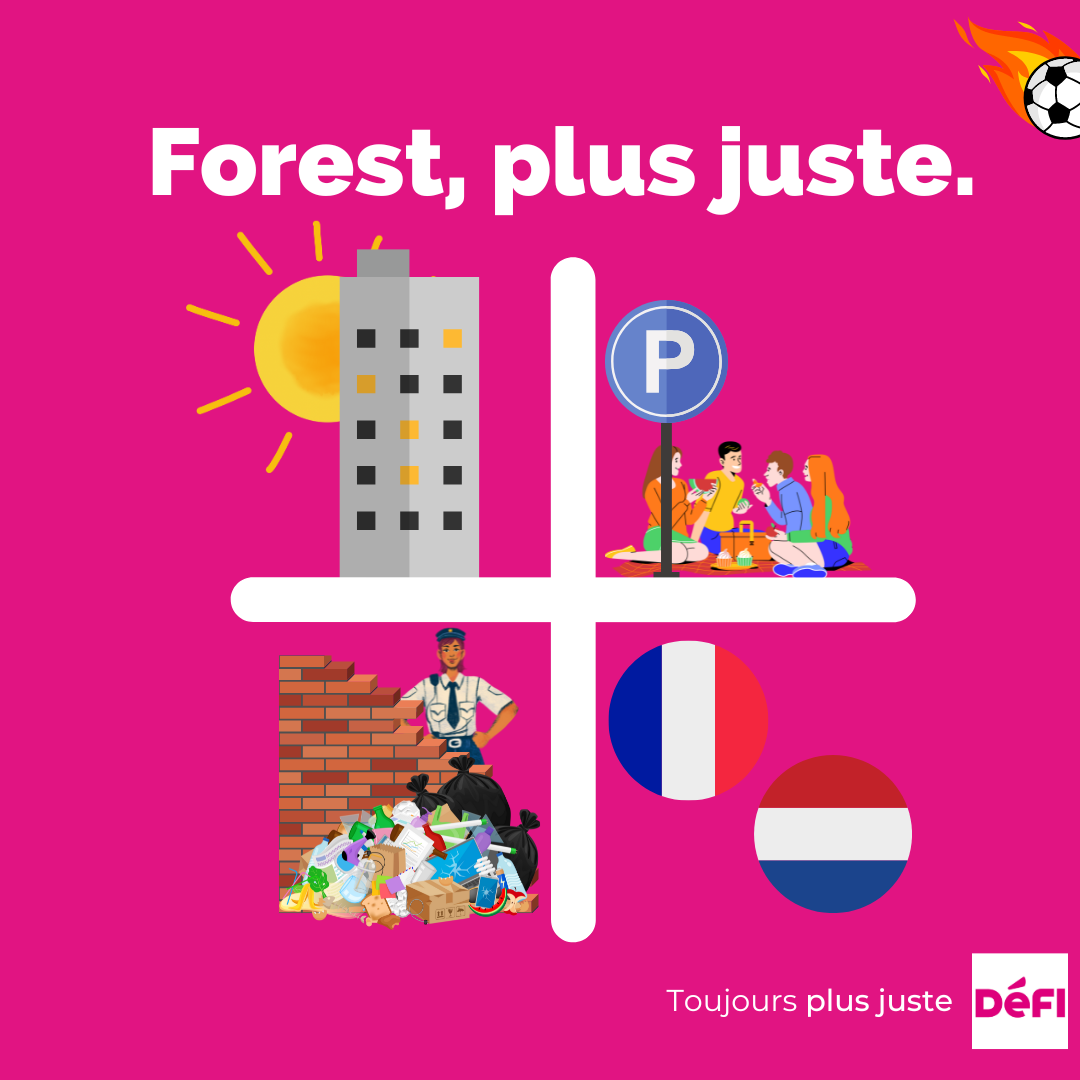 picto reprenant un immeuble qui cache le soleil, une place de stationnement avec des gens qui jouent, un drapeau français et néerlandais, un amas de déchets et un policier, ainsi qu'un ballon de football