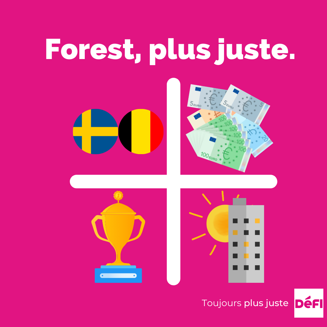 Illustration mentionnant "Forest, toujours plus juste" avec 4 pictogrammes : les drapeaux belge et suédois + des billets d ebanque + un trophé + un immeuble qui cache le soleil