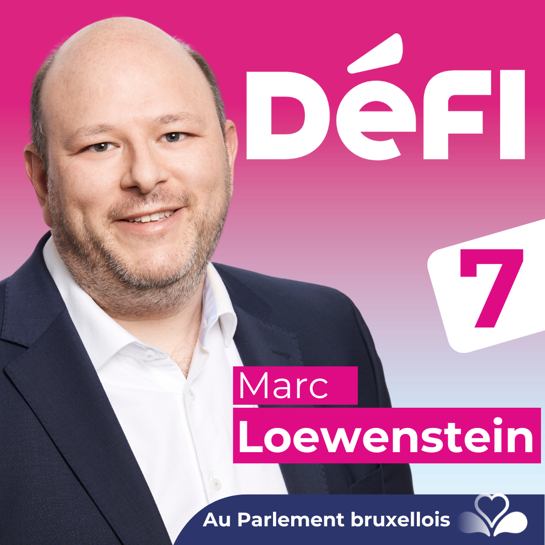 Affiche électorale reprenant mon nom (Marc Loewenstein), la place (7) et la liste (DéFI)